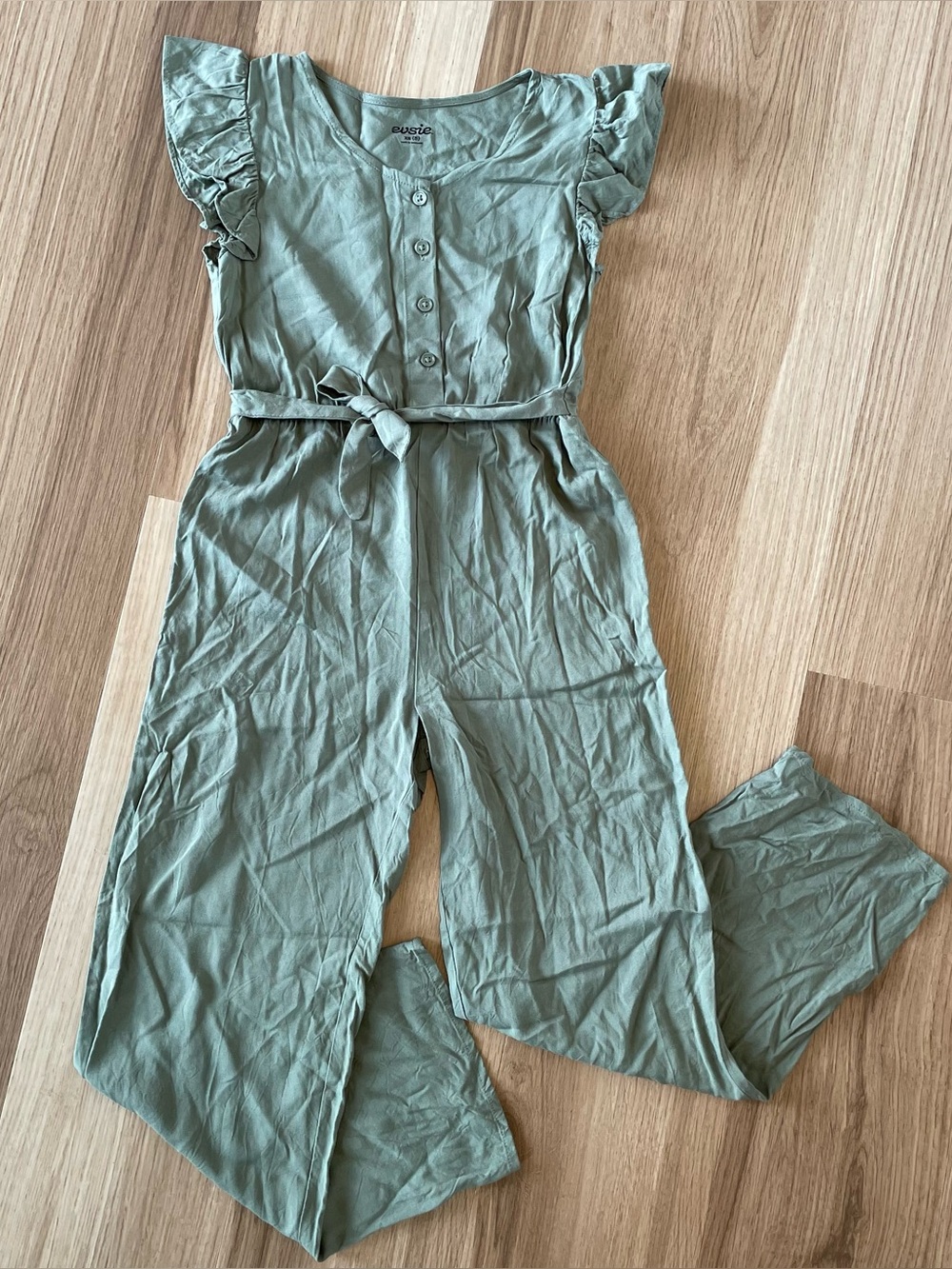 Evsie Girls 8 Green Tie Flutter Sleeve Romper/Jumpsuit Cottagecore Minimalist XS